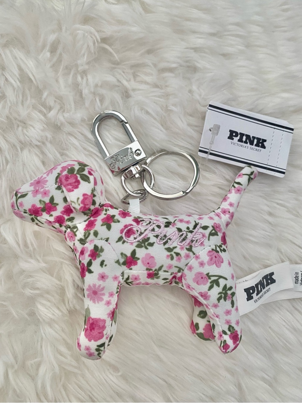 PINK Victoria's Secret Floral Dog Keychain in White and Pink